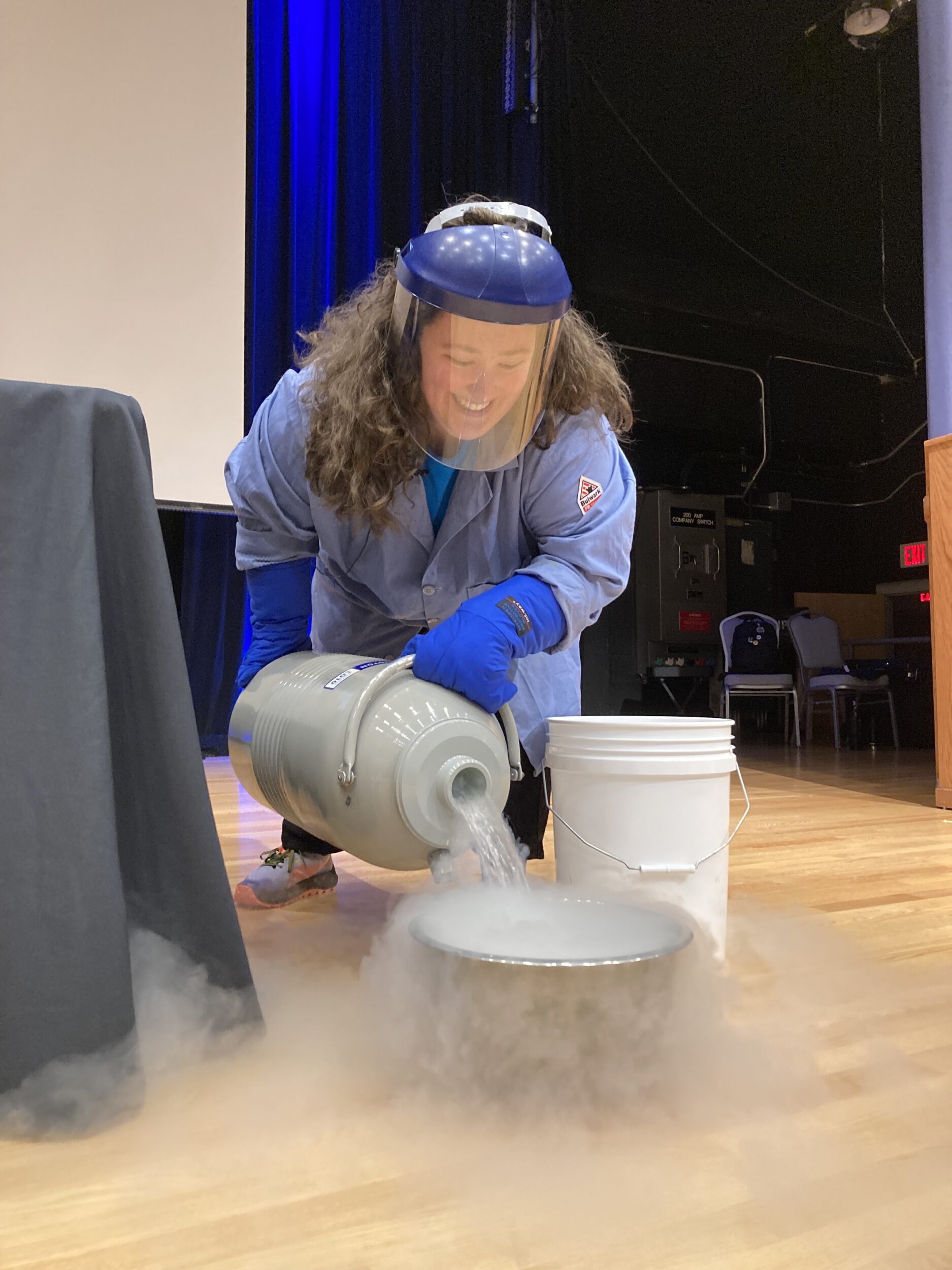 Tara Capel, a Morehead staff member, pours liquid nitrogen into a bowl. 