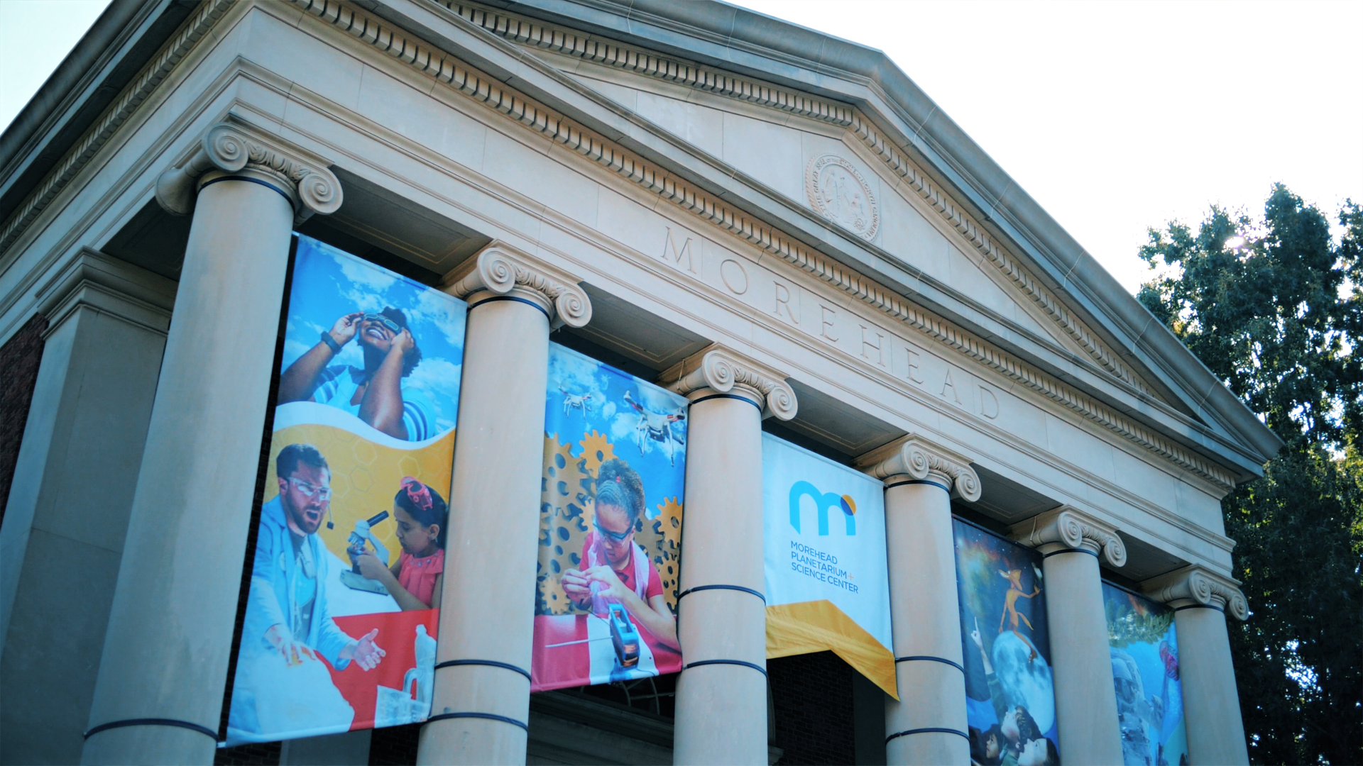 close up of building exterior banners