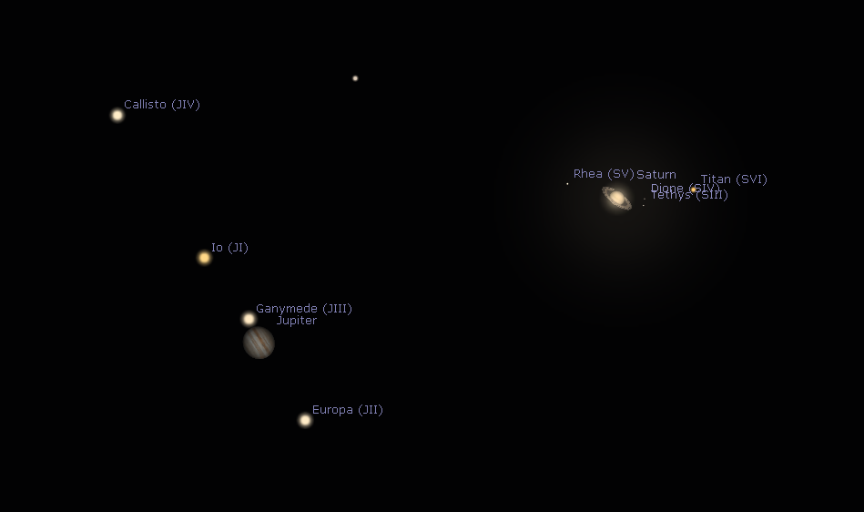 During this conjunction, Jupiter and Saturn, along with some of their moons, appear in the same field of view in a telescope eyepiece. (Credit: Stellarium) 