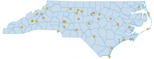 North Carolina map with plotted locations of 2021 Star Party sites
