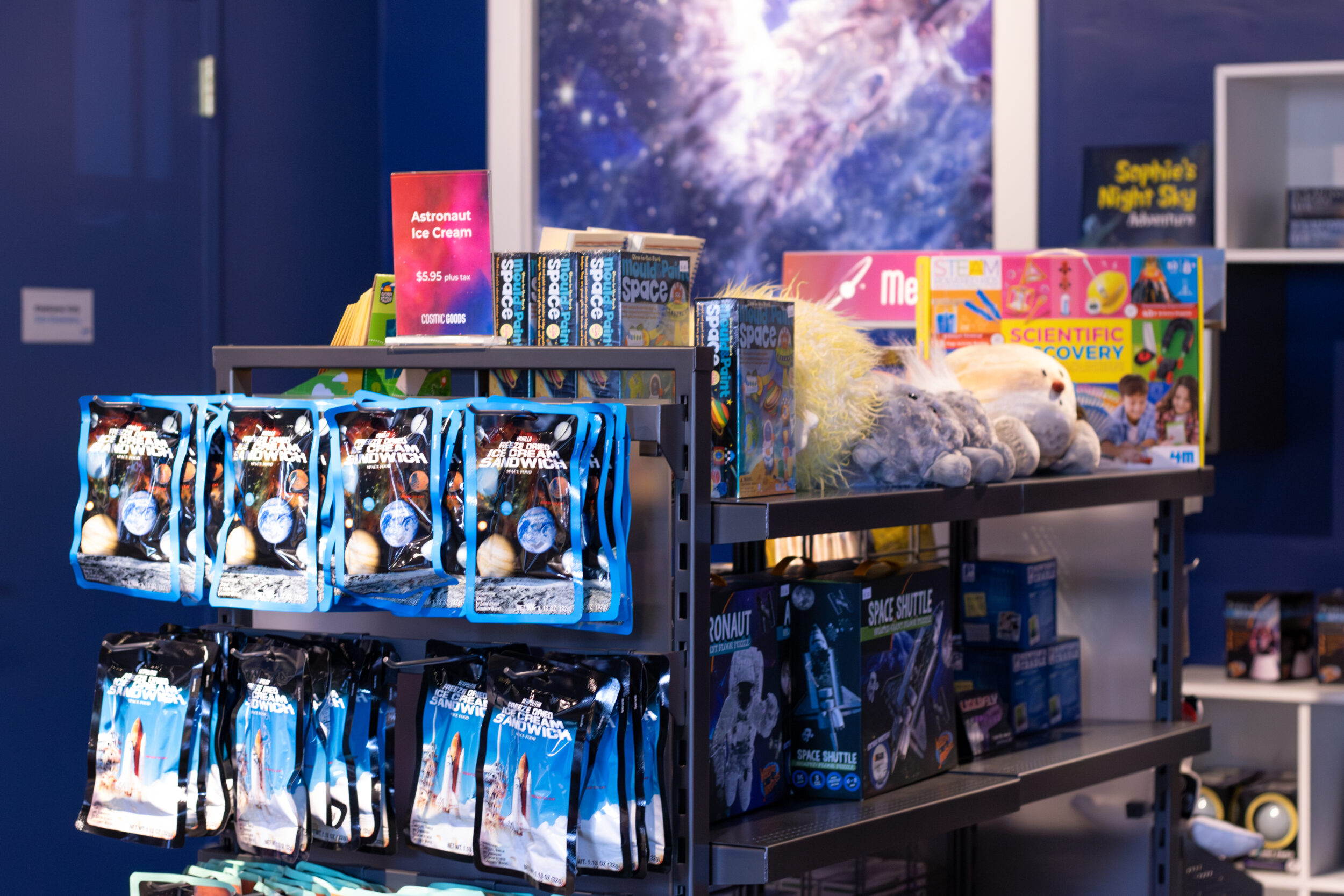 A space-themed gift shop with rows of shelves and tables. In the background, there is a framed picture of space. On the shelves, there are boxes, freeze-dried ice cream, and plushies.