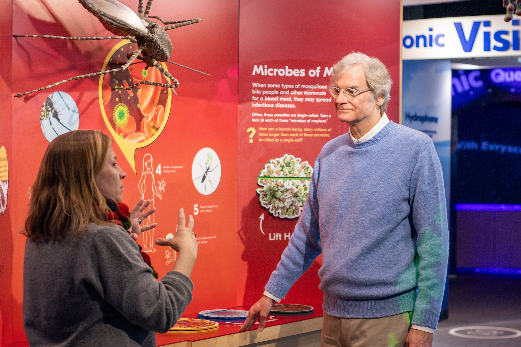 Two people stand in front a museum exhibit.