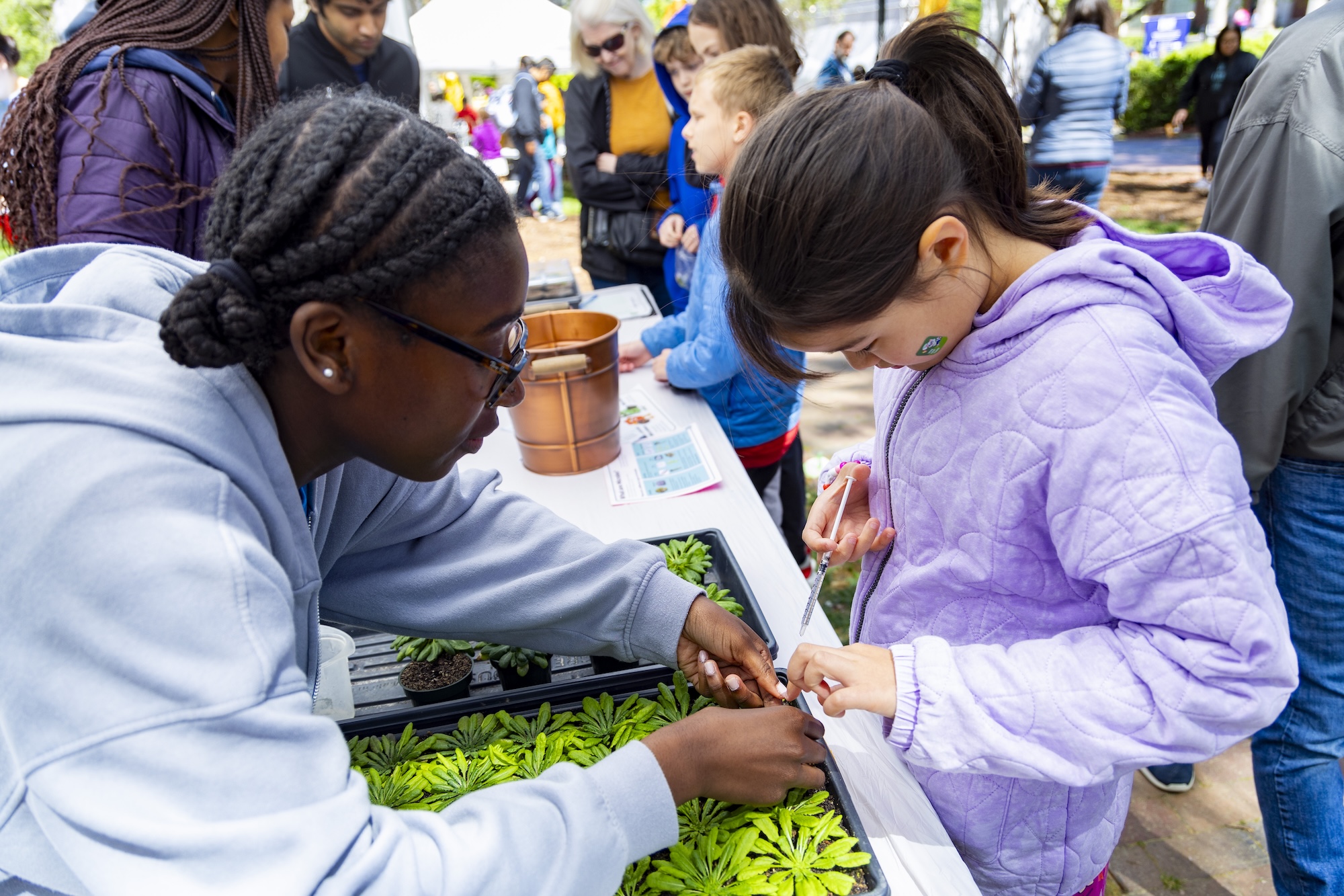 A child and volunteer squeeze liquid onto a plant.