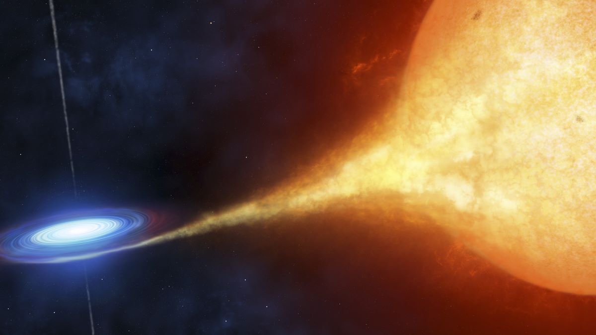 A yellow and red star swirling into a galaxy.