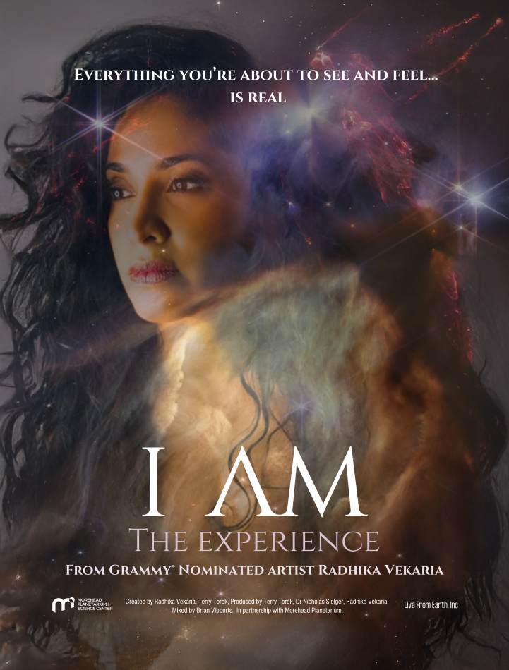 The I AM: The Experience poster with Radhika Vekaria behind a nebula. 