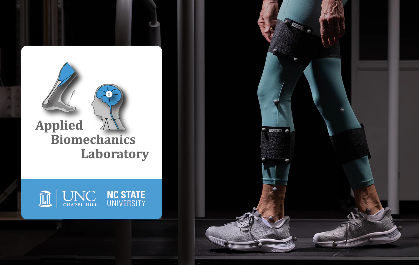 On the left, a person walks with biomechanics on their legs. On the right, the text reads, "Applied Biomechanics Laboratory, UNC-Chapel Hill and NC State University. 