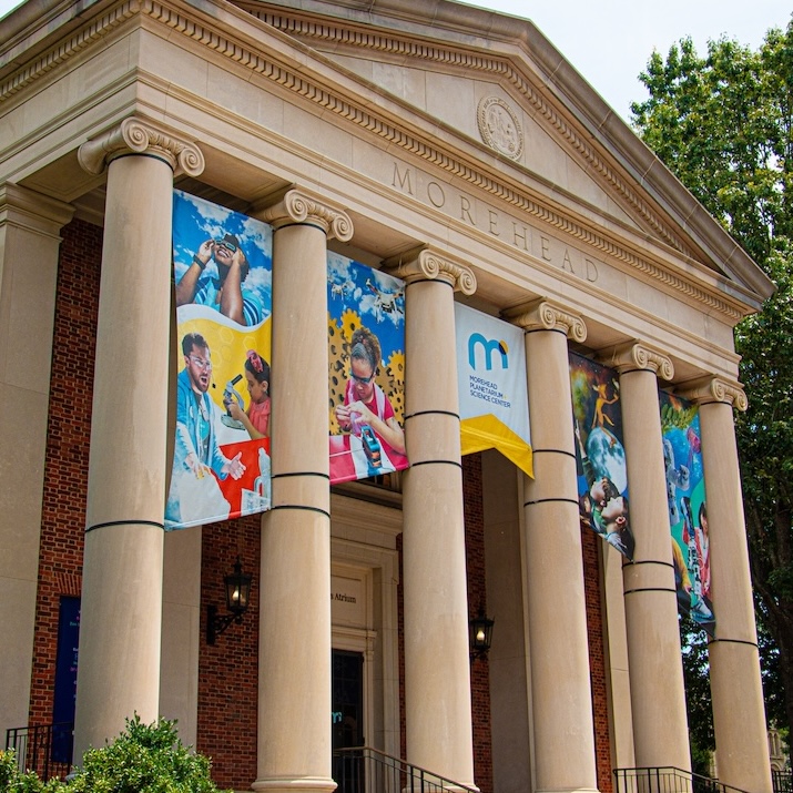 The Morehead building with colorful banners