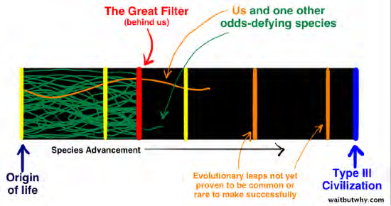 A graph explaining the theory of the Great Filter, from the origin of life to a type III civilization. Us and other odd-defying species are in front of the Great Filter but far behind a type III civilization.